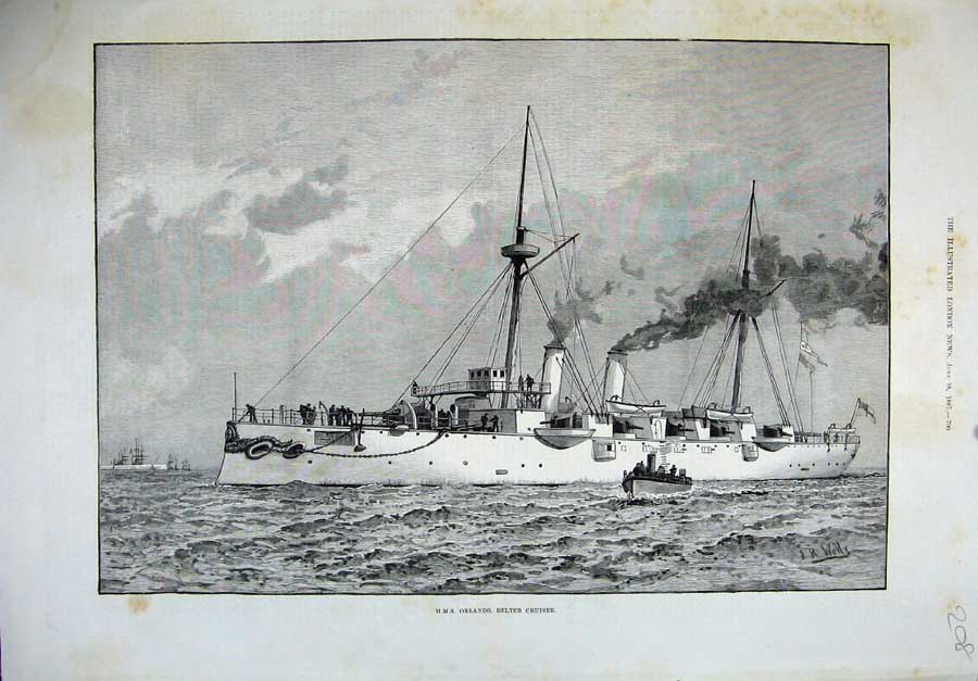 Old Antique Print 1887 Wells Fine Art H.M.S Orlando Belted Cruiser Ship 19th
