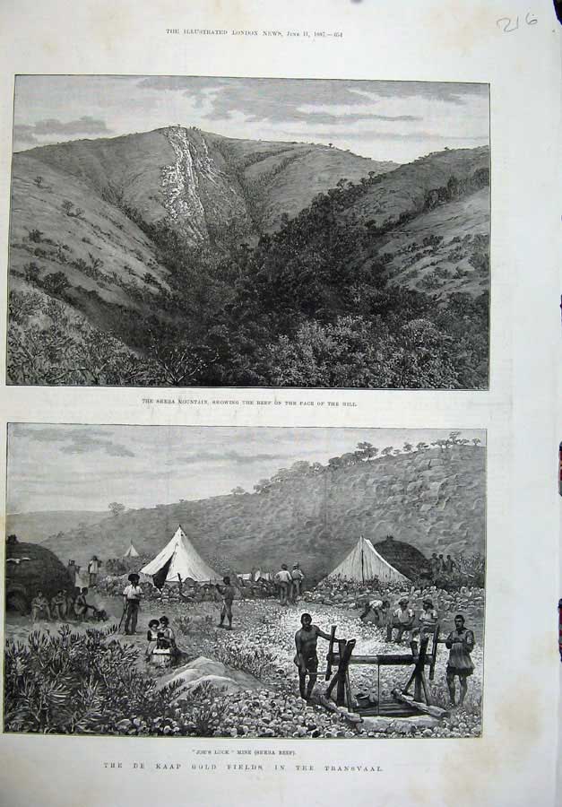 Original Old Antique Print 1887 De Kaap GTransvaal Sheba Mountain Sheba Reef