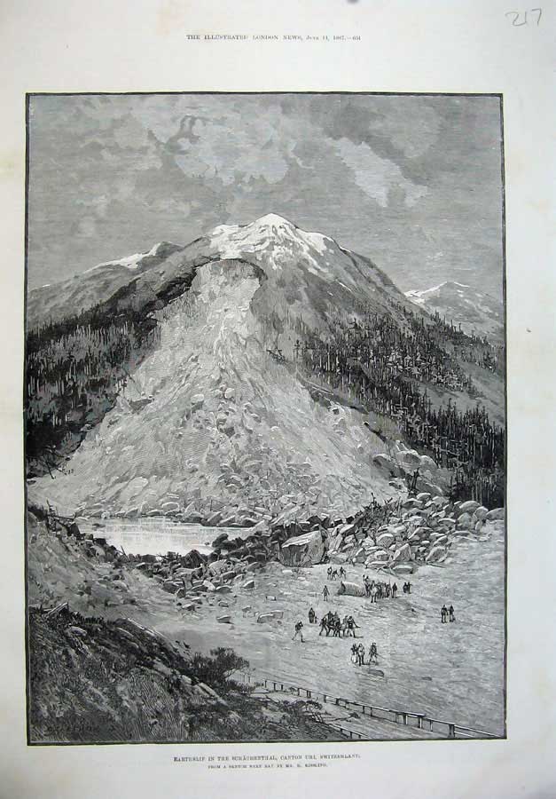 Old Antique Print 1887 Fine Art Earthslip Schachenthal Canton Switzerland 19th