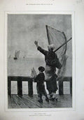 Original Old Antique Print 1887 Fine Art Sailor'S Wife Children Little Boat Sea