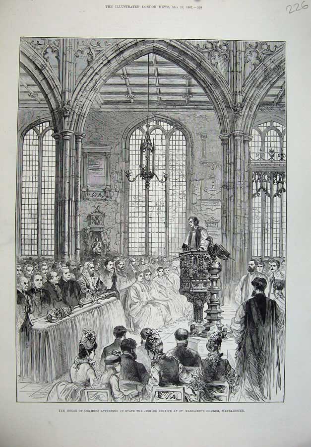Original Old Antique Print 1887 House Commons State Jubilee Church Westminster