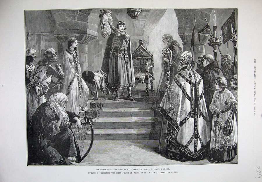 Old Antique Print 1887 Royal Institute Costume Ball Castle Carnarvon Art 19th