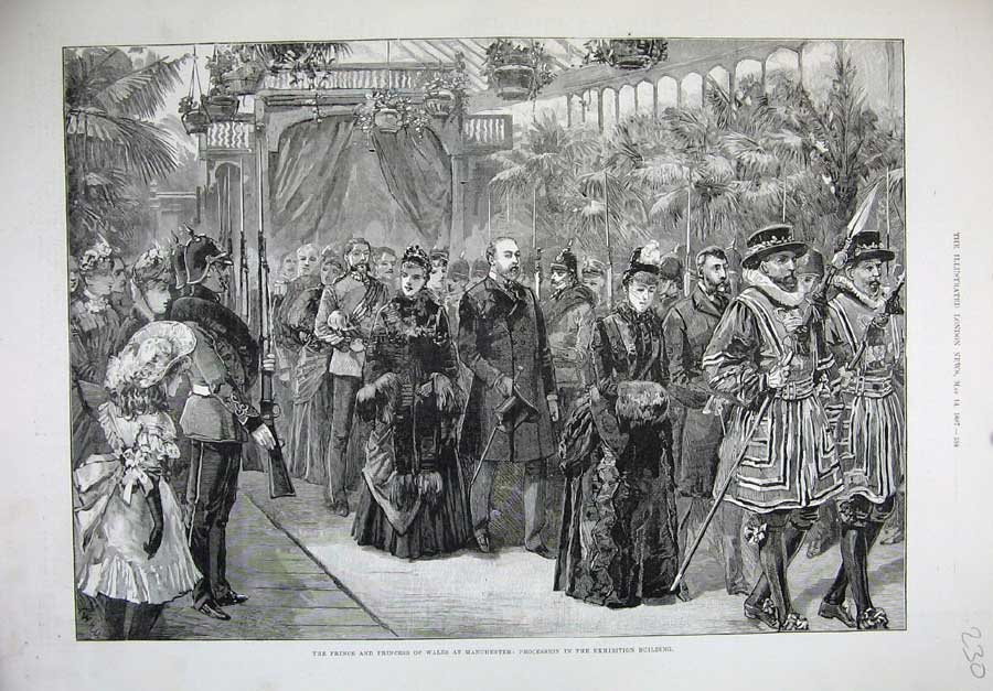 Original Old Antique Print 1887 Prince Princess Wales Manchester Exhibition