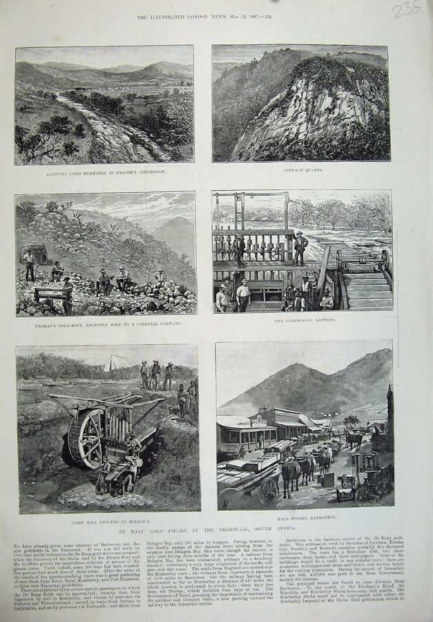 Original Old Antique Print 1887 Kaap GFields Transvaal Barberton Mill Mining