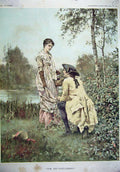 Original Old Antique Print 1887 Water Colour Kind Entanglement Man Lady Romance