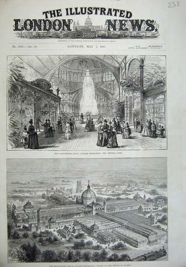 Old Antique Print 1887 Manchester Royal Jubilee Exhibition Central Dome 19th