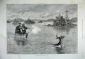 Old Antique Print 1887 Deer Shooting American Lake Men Hunting Sport Gun 19th
