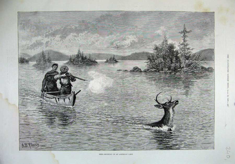 Old Antique Print 1887 Deer Shooting American Lake Men Hunting Sport Gun 19th