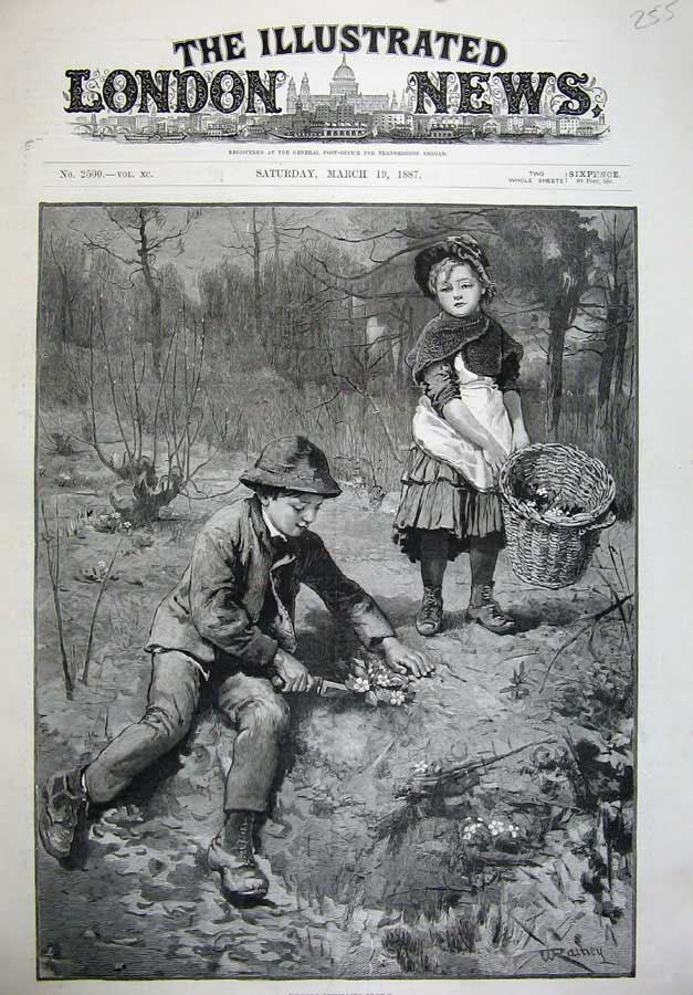 Old Antique Print 1887 Rainey Fine Art Children Picking Flowers Country 19th