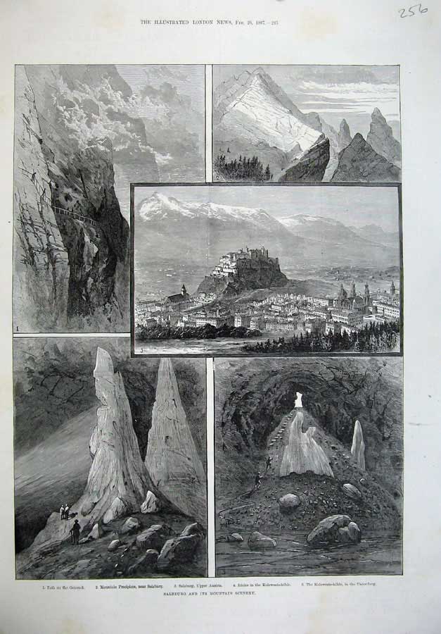 Original Old Antique Print 1887 Fine Art Salzburg Mountains Geiereck Austria