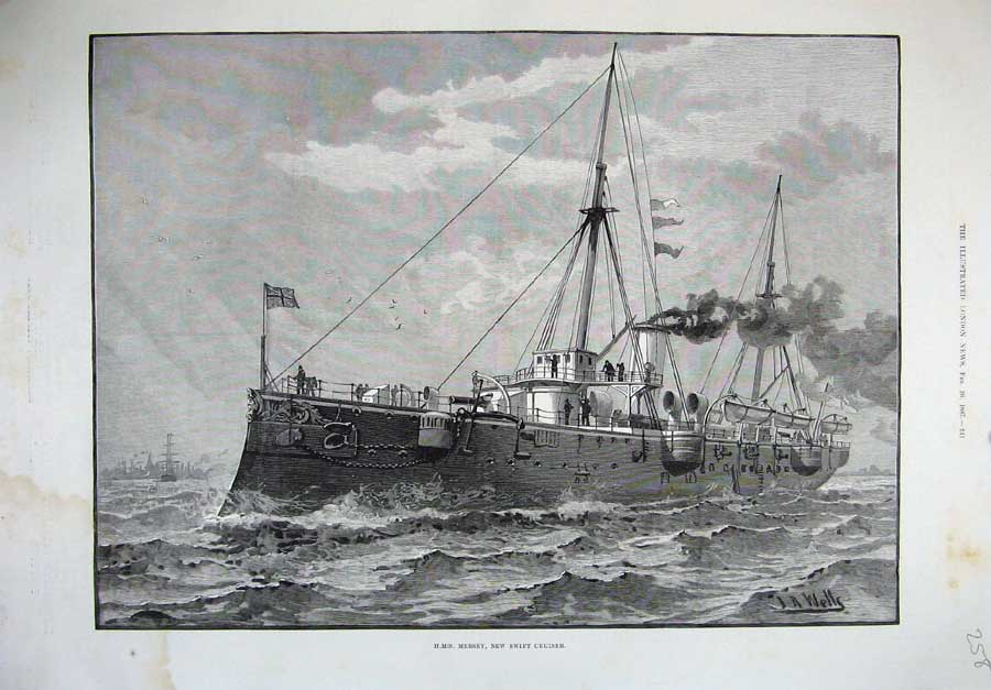 Old Antique Print 1887 Wells Fine Art Ship H.M.S Mersey New Swift Cruiser 19th