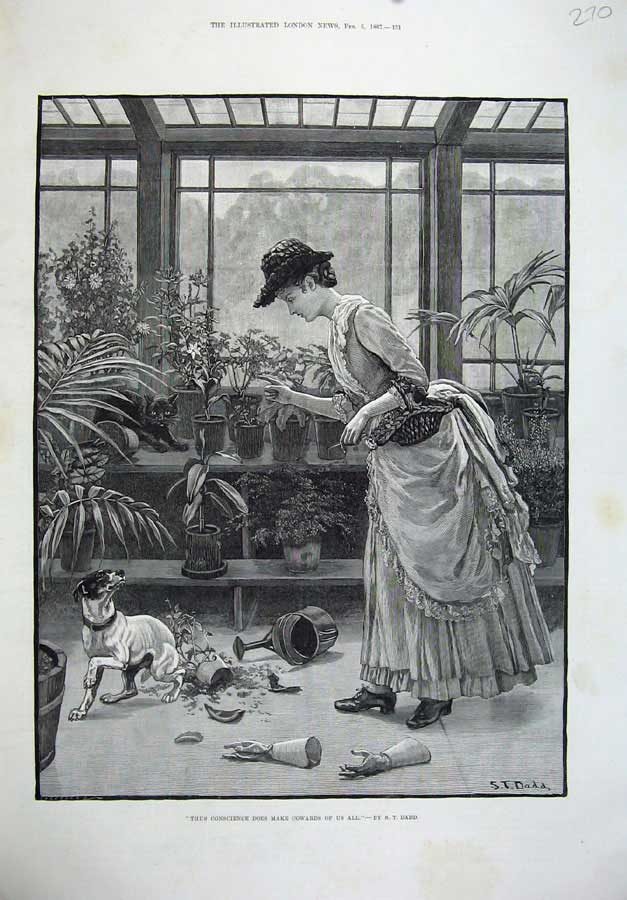 Old Antique Print 1887 Dadd Fine Art Lady Plants Greenhouse Dog Cat Smash 19th