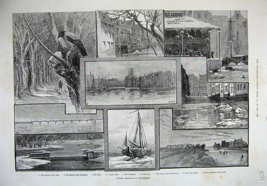Original Old Antique Print 1887 Winter Sketches Rotterdam Railway Church Market