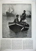 Original Old Antique Print 1887 Fine Art Eugene Vail Men Woman Boat Ships River