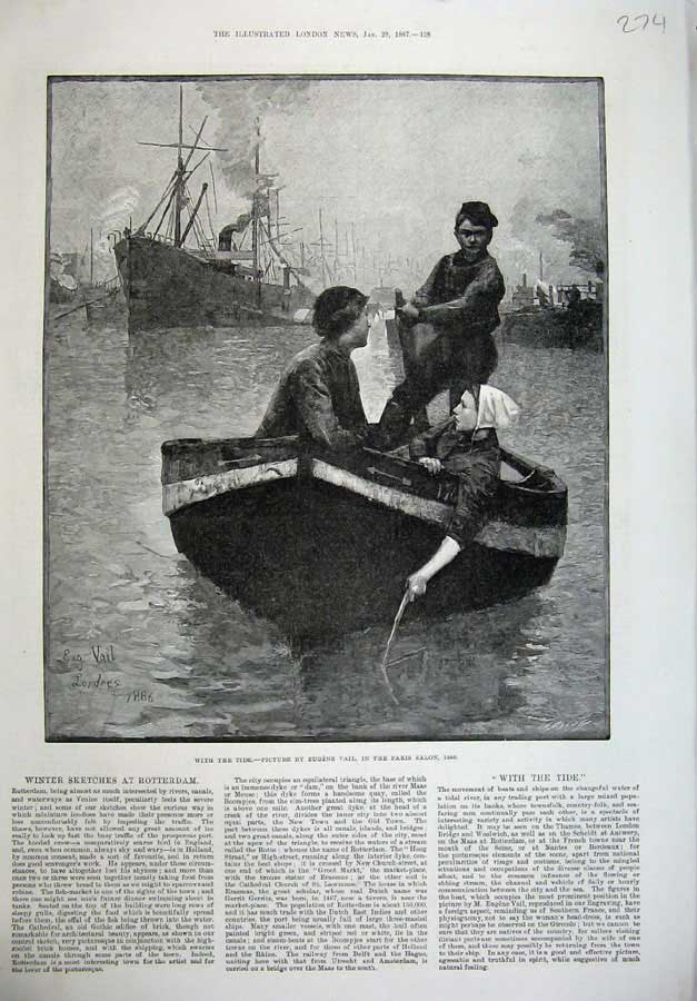 Original Old Antique Print 1887 Fine Art Eugene Vail Men Woman Boat Ships River