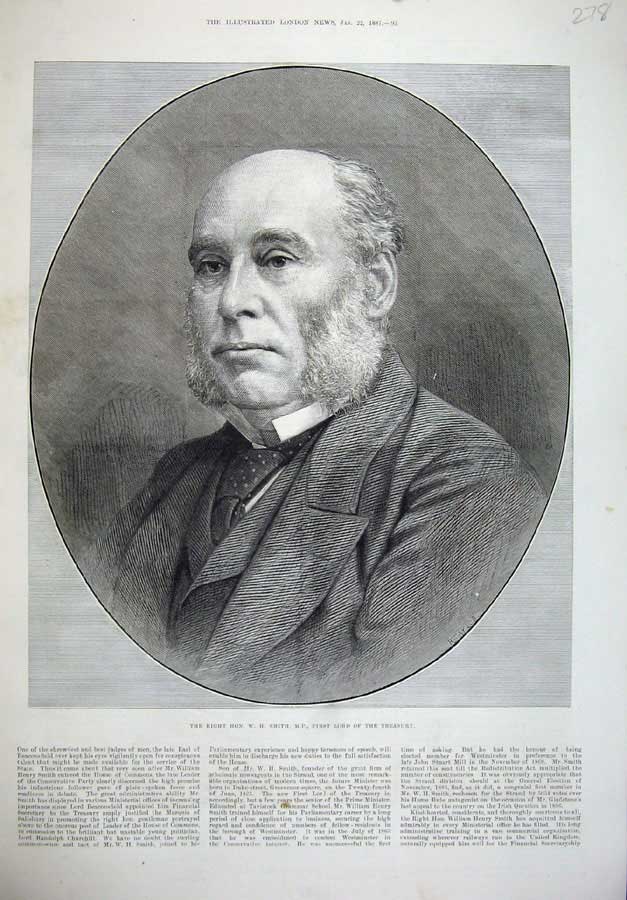 Original Old Antique Print 1887 Portrait Smith Lord Treasury Member Parliament