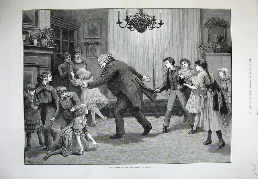 Old Antique Print 1887 Fine Art Children Playing Game Man Towneley Green 19th