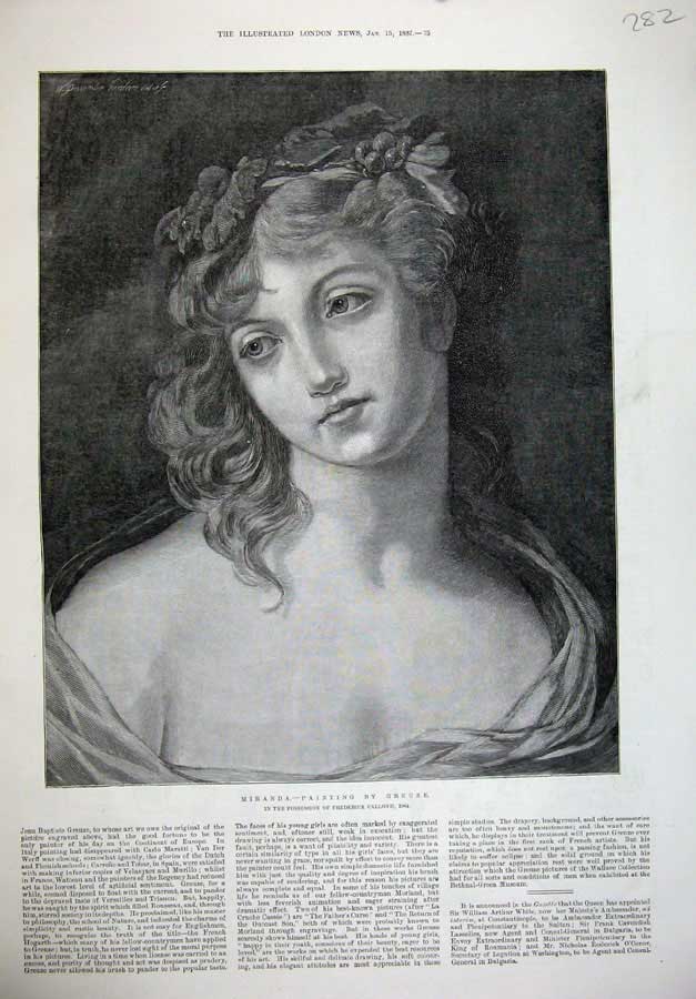Original Old Antique Print 1887 Portrait Beautiful Woman Miranda Greuze Callond