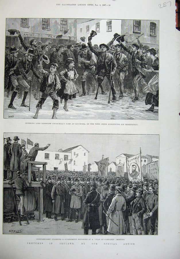 Original Old Antique Print 1887 Ireland Lord Randolph Churchill Loughrea Police