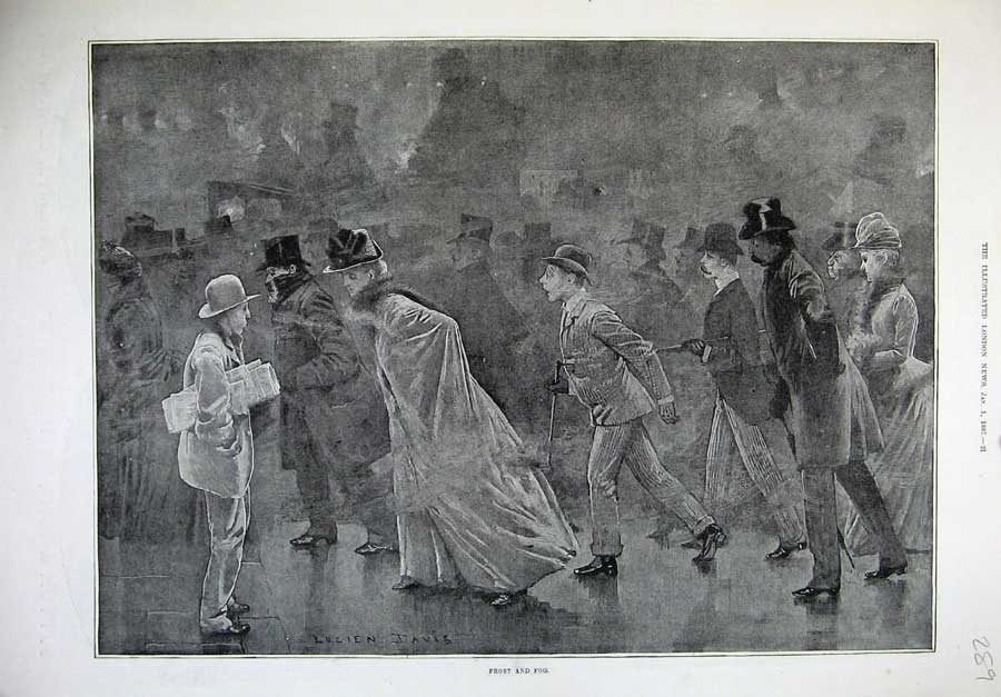 Original Old Antique Print 1887 Lucien Davis Fine Art People Street Frost Fog