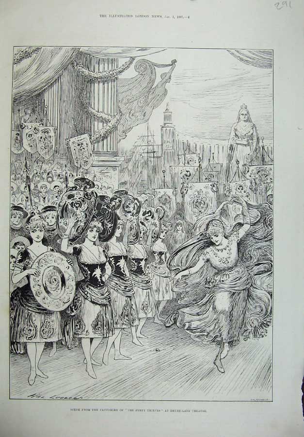 Old Antique Print 1887 Ludlow Pantomime Forty Thieves Drury Lane Theatre 19th