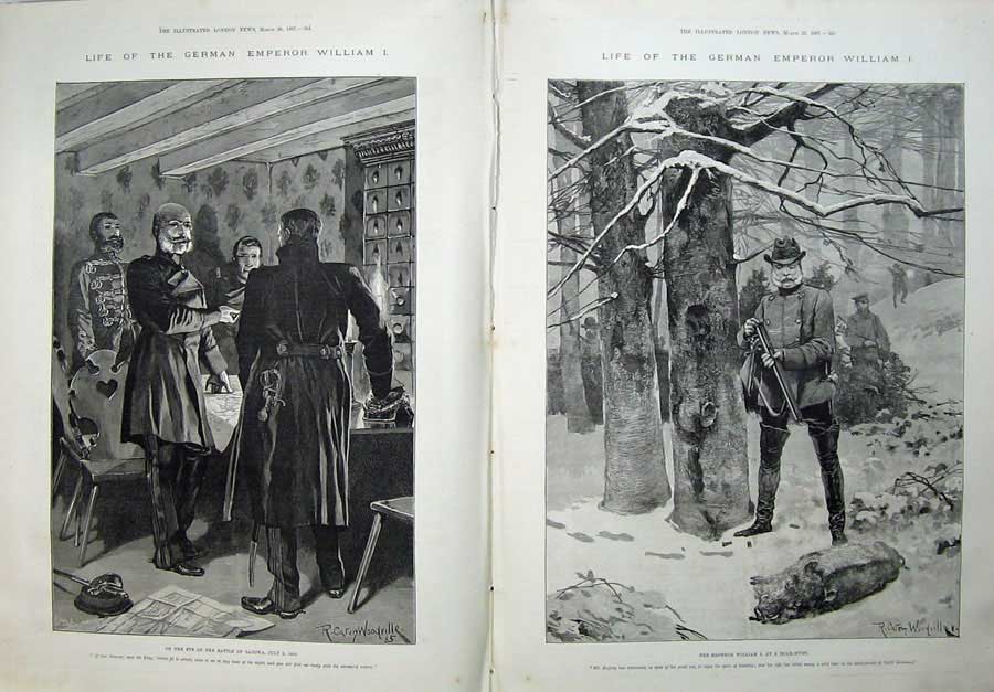 Old Antique Print 1887 Woodville Battle Sadowa Emperor William Boar Hunt 19th