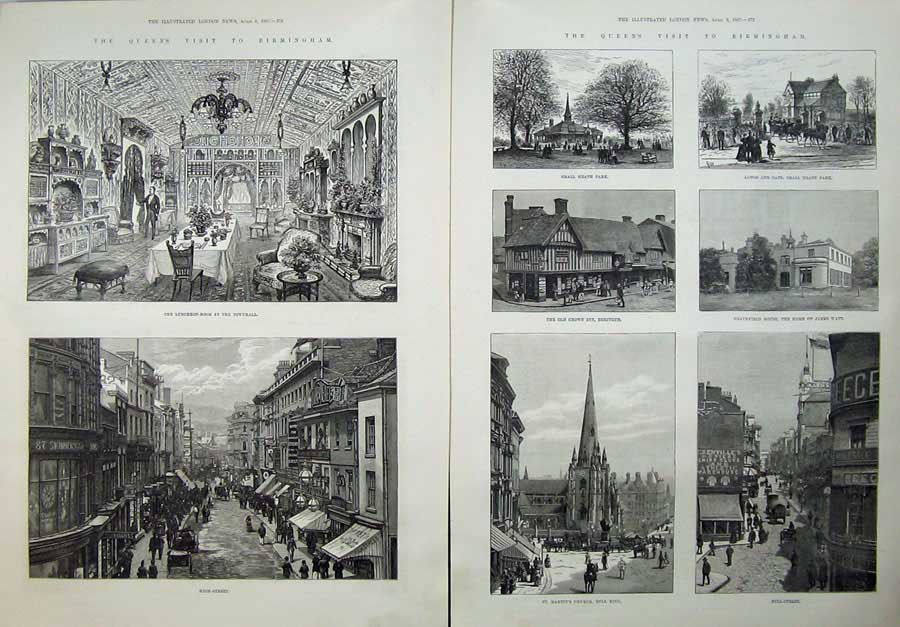 Old Antique Print 1887 Birmingham Townhall Heathfield Watt Deritend Art 19th