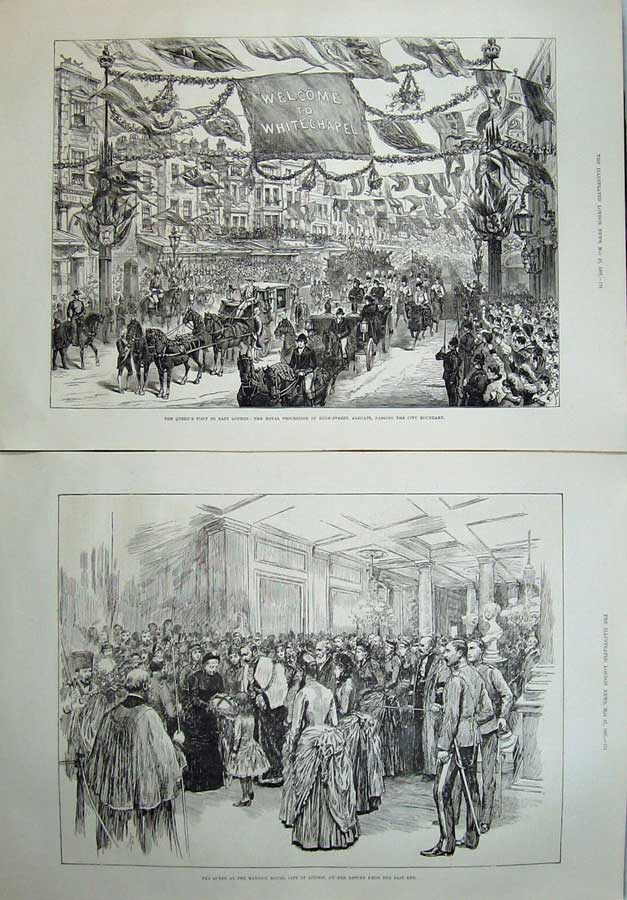 Original Old Antique Print 1887 Queen London Procession Aldgate Mansion House