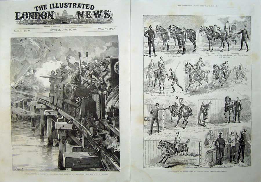 Old Antique Print 1887 Naval Manoeuvres Portsmouth Train Bridge War Army 19th