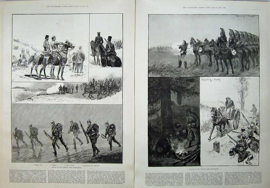 Old Antique Print 1887 Troops German Army French Exercising Horses Men 19th