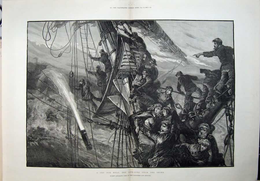 Original Old Antique Print 1887 Fine Art Ship Stormy Sea Flare People Rocket