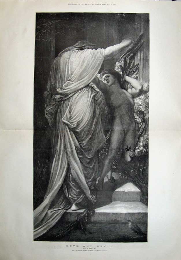 Original Old Antique Print 1887 Watts Fine Art Love Death National Collection