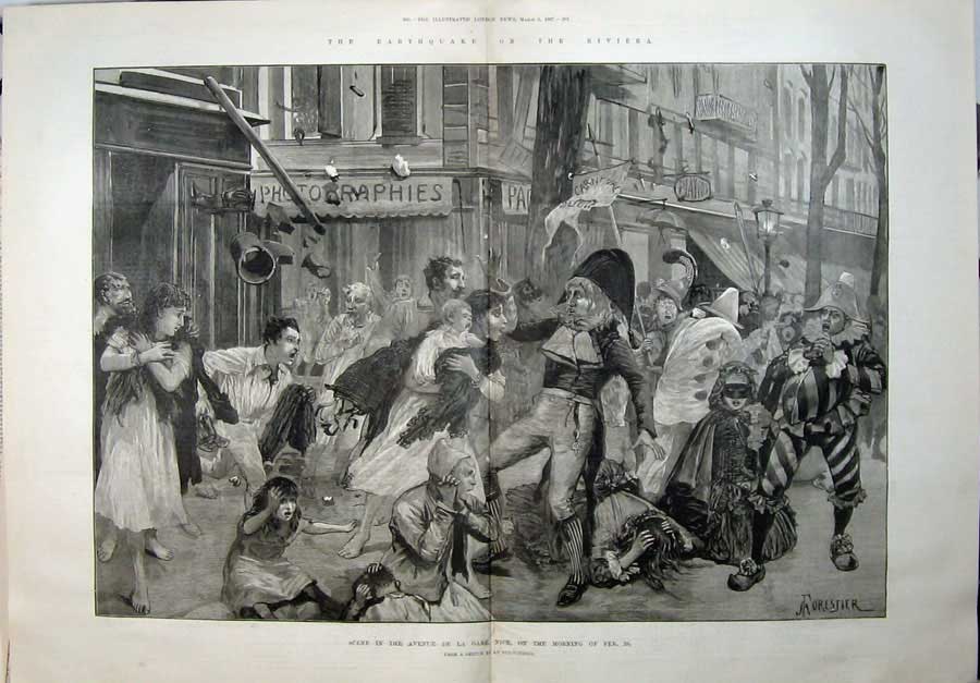 Old Antique Print 1887 Forestier Avenue La Gare Nice Earthquake France 19th