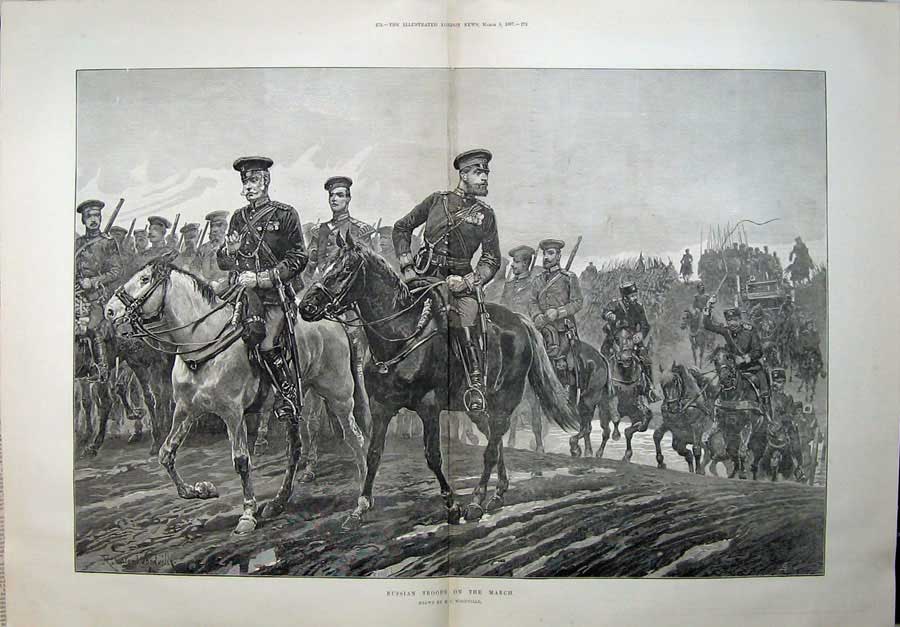 Original Old Antique Print 1887 Russian Troops Horses Army Fine Art Woodville