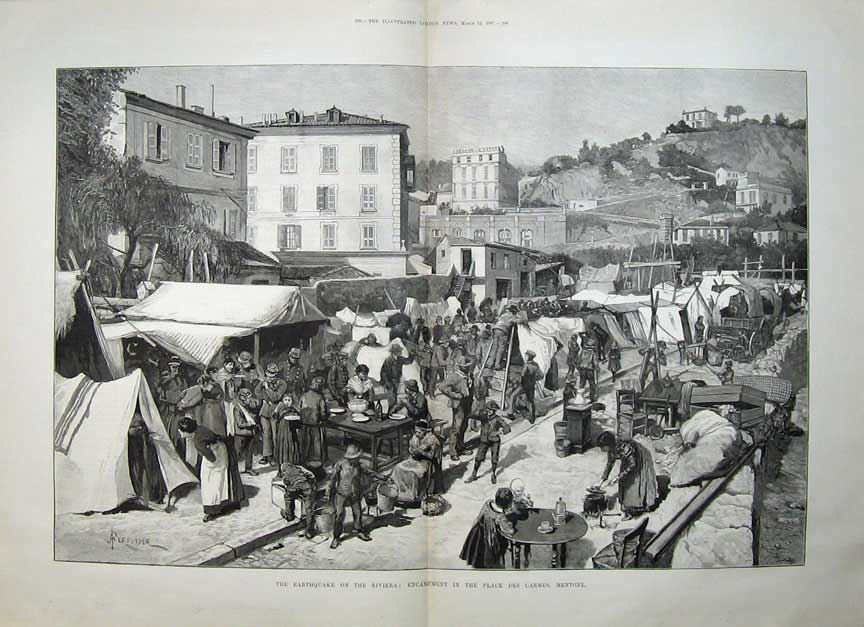Antique Old Print 1887 Earthquake Riviera Encampment Place Carmes Mentone 19th
