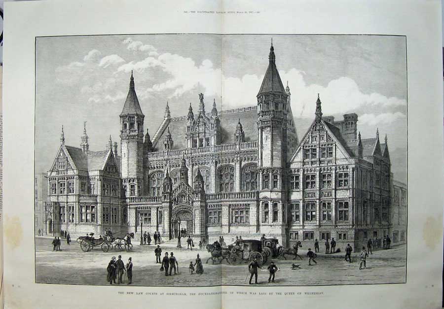 Old Antique Print 1887 Law Courts Birmingham Buildings Architecture Art 19th
