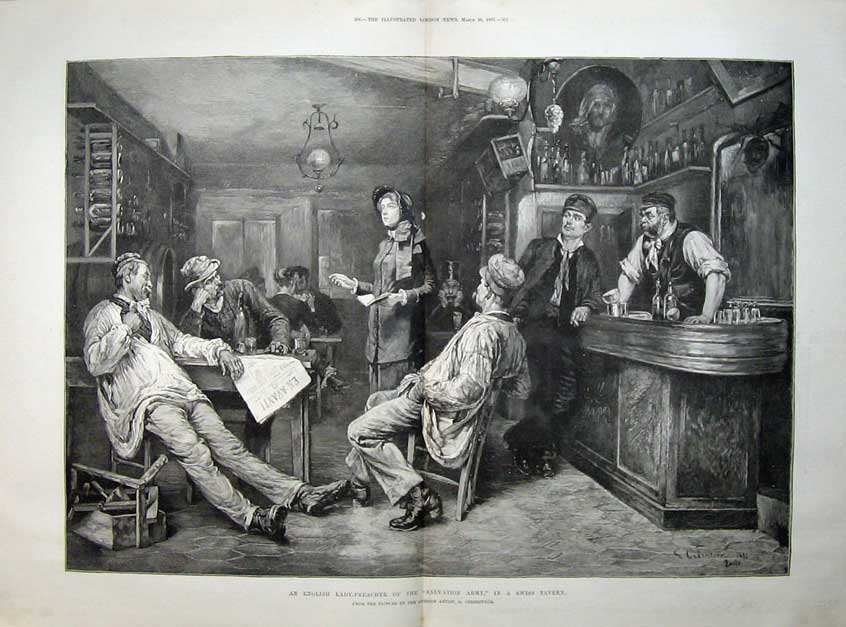 Old Antique Print 1887 English Lady Preacher Salvation Army Swiss Tavern 19th