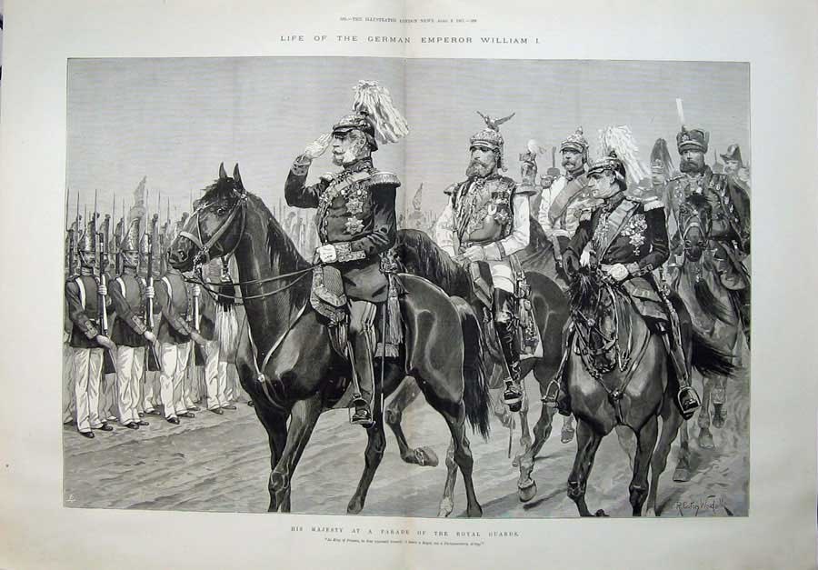 Old Antique Print 1887 German Emperor William Royal Guards Army Horses 19th