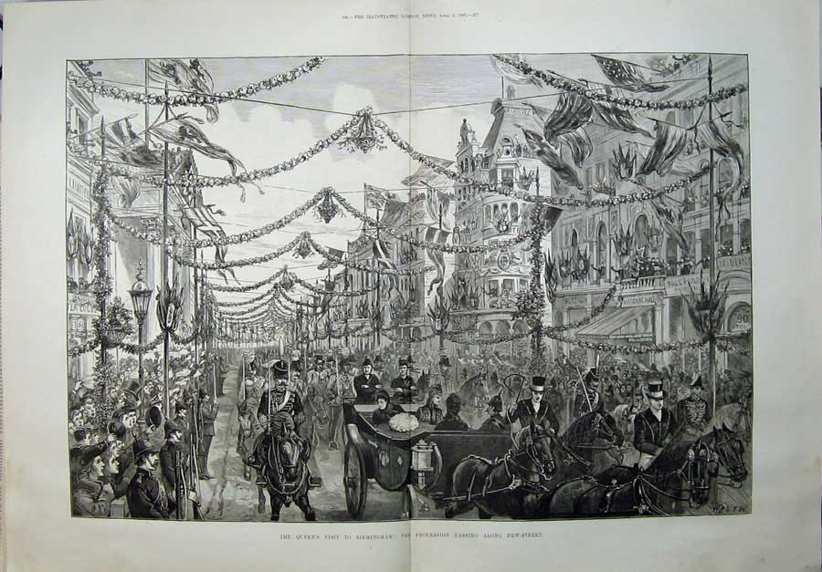 Antique Old Print 1887 Queen Visit Birmingham Procession New Street Horse 19th
