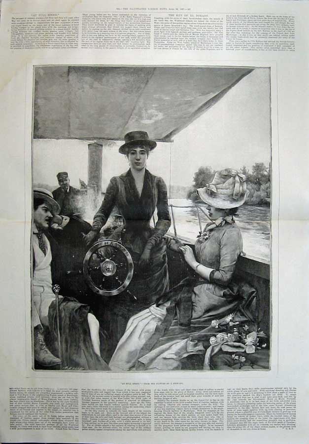 Original Old Antique Print 1887 Stewart Painting Ladies Men River Boat Hassan