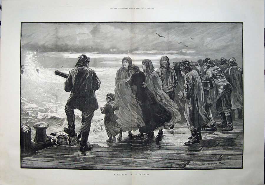 Original Old Antique Print 1887 Morant Cox Fine Art Sea Storm Men Telescope