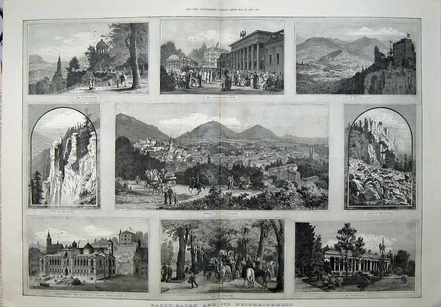 Antique Old Print 1887Baden-Baden Rocks Trink-Halle Valley Battert Castle 19th