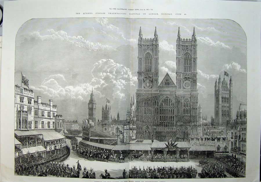 Old Antique Print 1887 Queen Westminster Abbey Building Horses Coach Art 19th