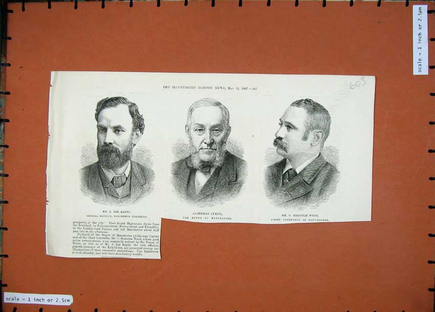 Original Old Antique Print 1887 Manchester Men Lee Bapty Alderman Curtis Wood
