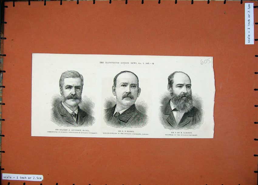 Old Antique Print 1887Charles Aitchison Elsmie Larpent Punjaub University 19th