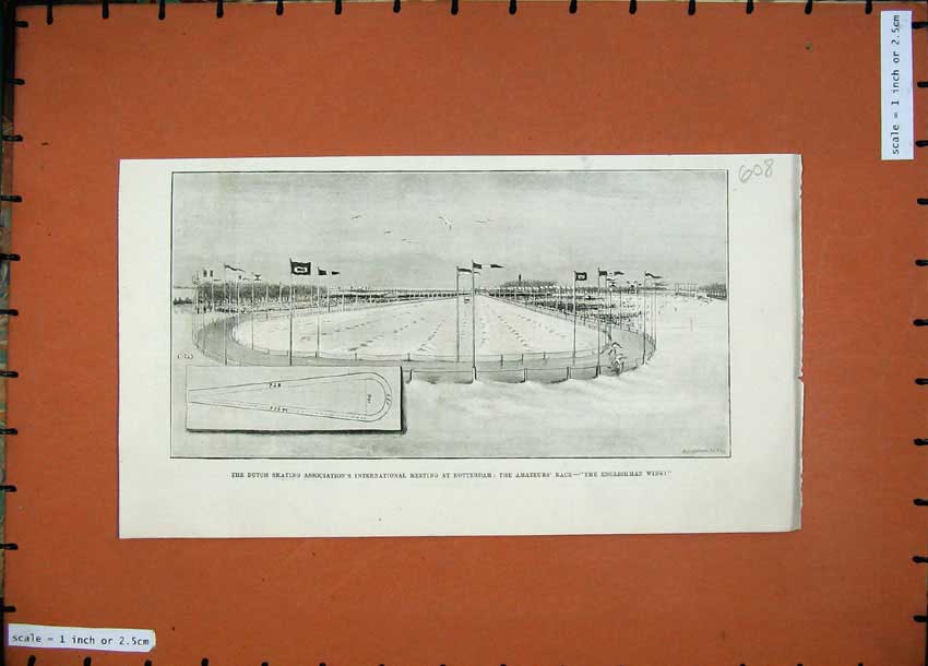 Original Old Antique Print 1887 Dutch Ice Skating Meeting Rotterdam Race Sport