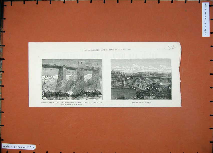 Old Antique Print 1887 Railway Train Crash Vermont America Bridge Oporto 19th
