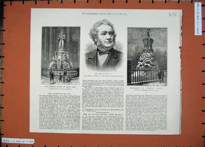 Original Old Antique Print 1887 Adam Young Monument Toronto Canada Statue Anne