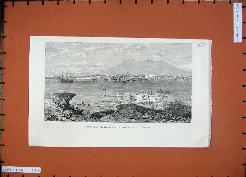 Original Old Antique Print 1887 Massowah Red Sea Coast Italian Troops Ships Sea