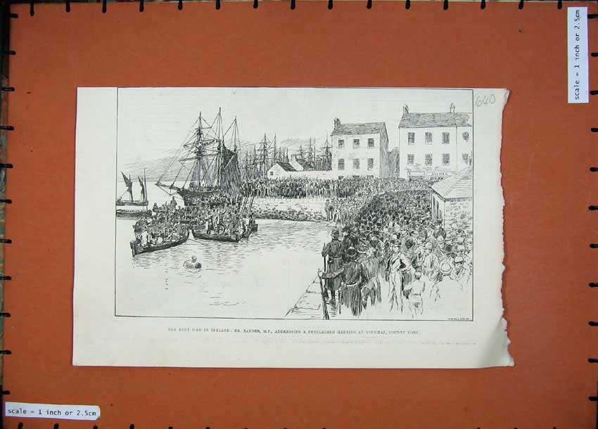 Old Antique Print 1887 Rent War Ireland Tanner Ship Youghal County Cork 19th